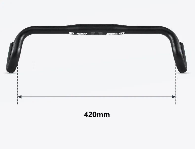 Black aluminium alloy road bike handlebar showing 420mm width and racing bend profile