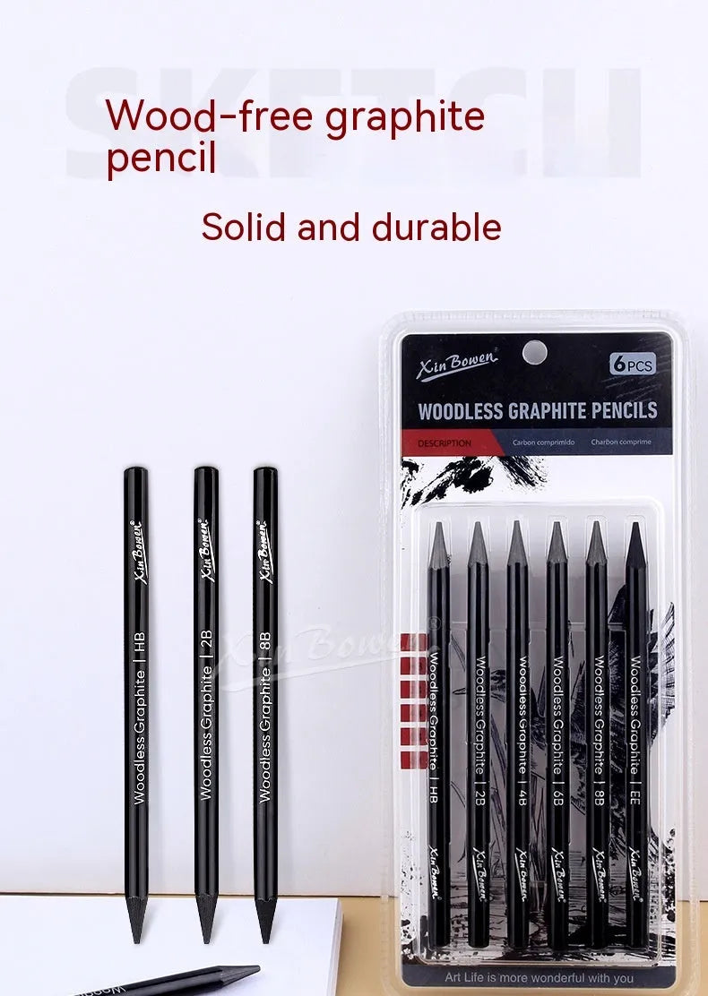Set of 6 wood-free graphite sketching pencils with graded hardness labels HB 2B 4B 6B 8B EE