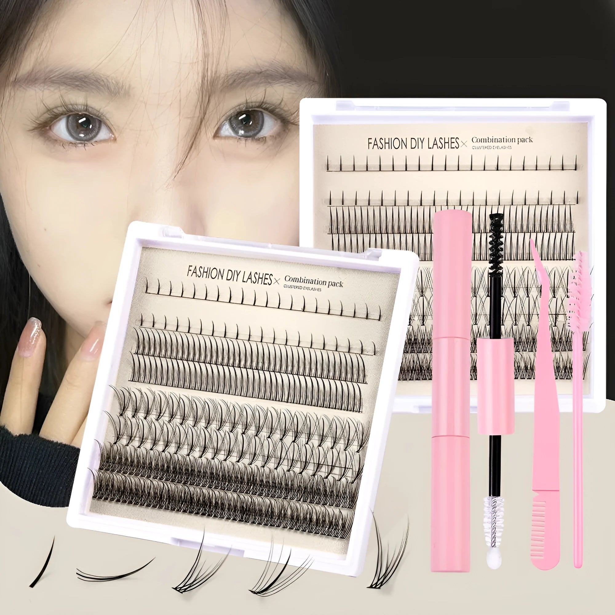 Single-cluster false eyelash set with black and pink glue options and application tweezers