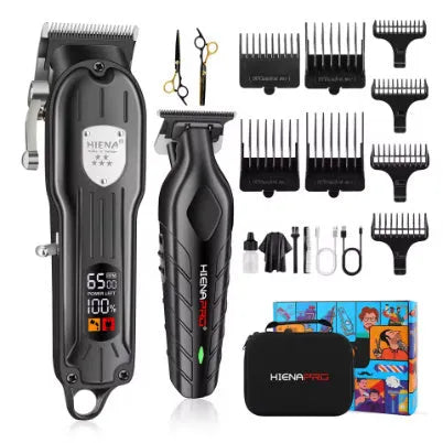 Black professional hair clipper set with foil shaver and USB charging cable on a grey background.