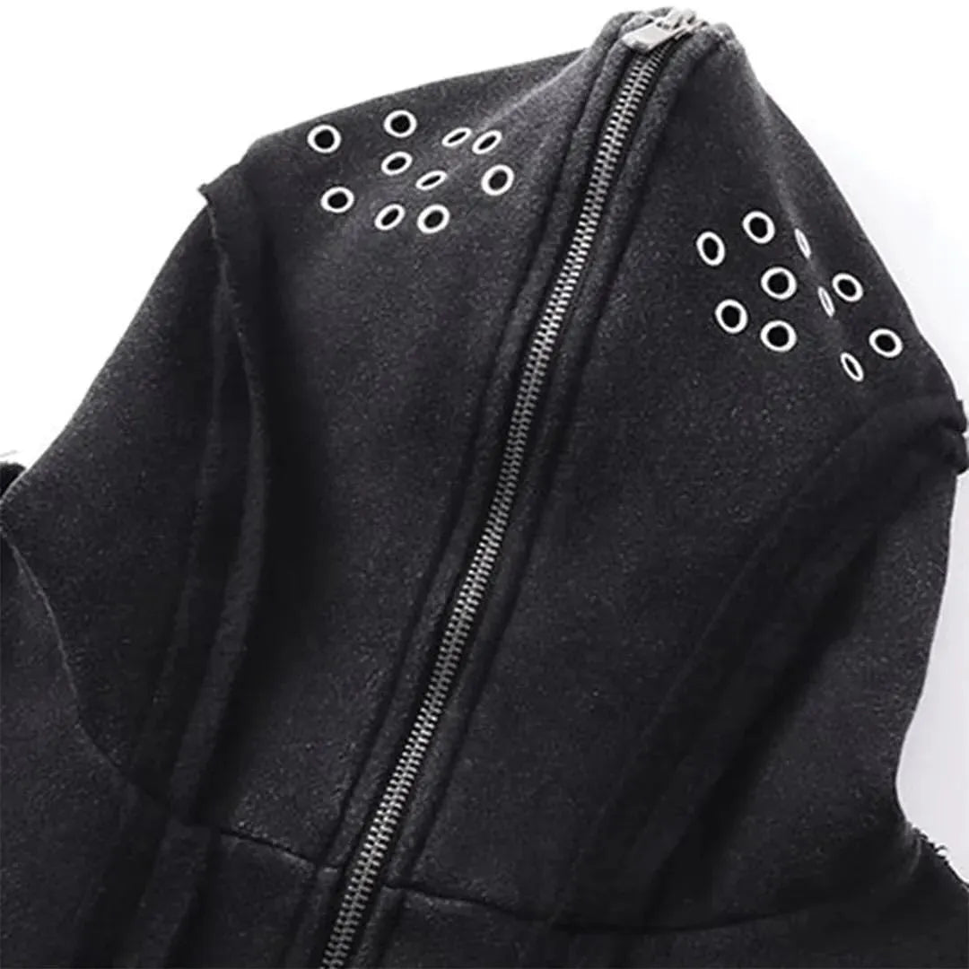 Black loose zip hooded coat with abstract pattern, cotton fabric, and padding, shown in sizes M, L, XL for autumn wear