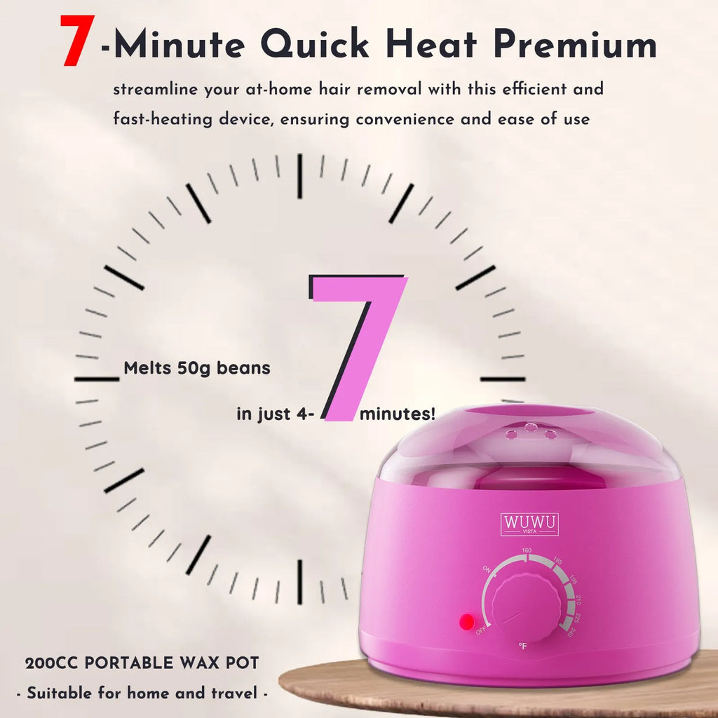 27-piece hypoallergenic wax kit showing wax machine, four colour wax beads, face and body sticks, multilingual guidebook