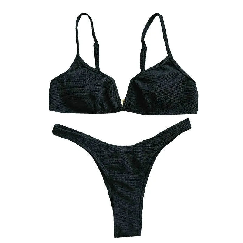 Women's two-piece bikini set in polyester with top and shorts, available in five colours and sizes S to XL.