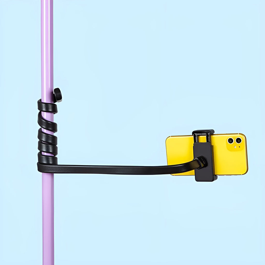 Flexible silicone and aluminium adjustable hose phone holder bent into an S-shape with smartphone attached.