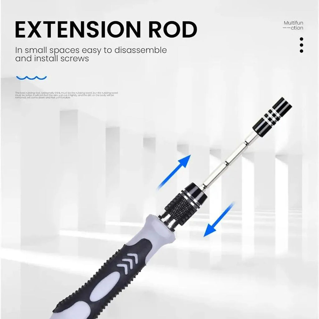 115-in-1 precision screwdriver set with 91 bits, non-slip handle and extension bar in a sturdy outer box