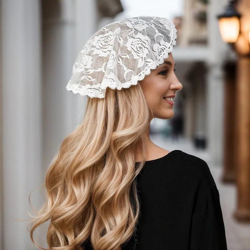 Round white wedding veil headpiece with floral design measuring 30cm in diameter