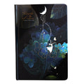 A5 notebook with luminous cover in Deep Blue, open to show colour illustration pages, size 21 x 14.8 cm