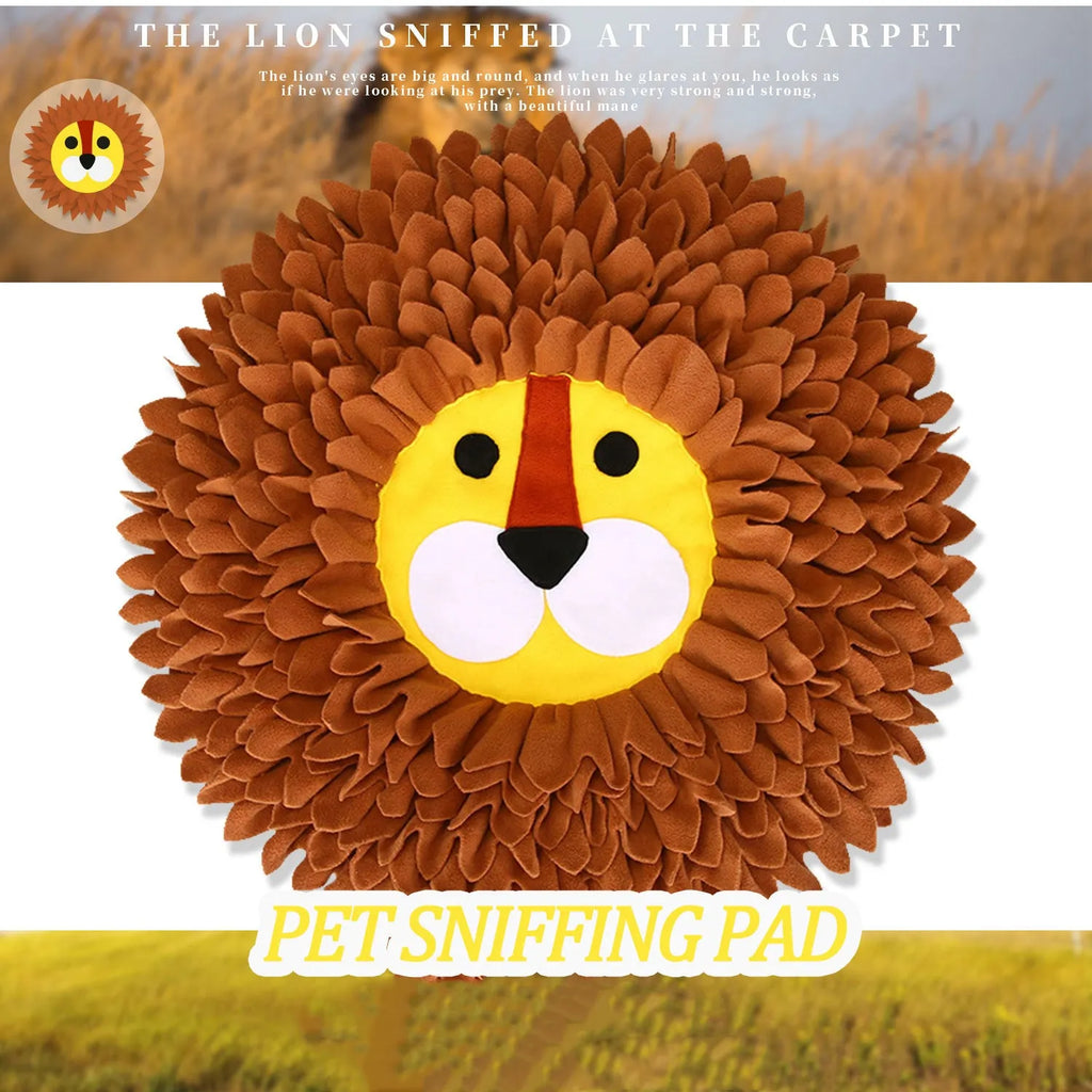 Brown lion sniffing pad measuring 33x25cm with 10cm depth for hiding pet treats