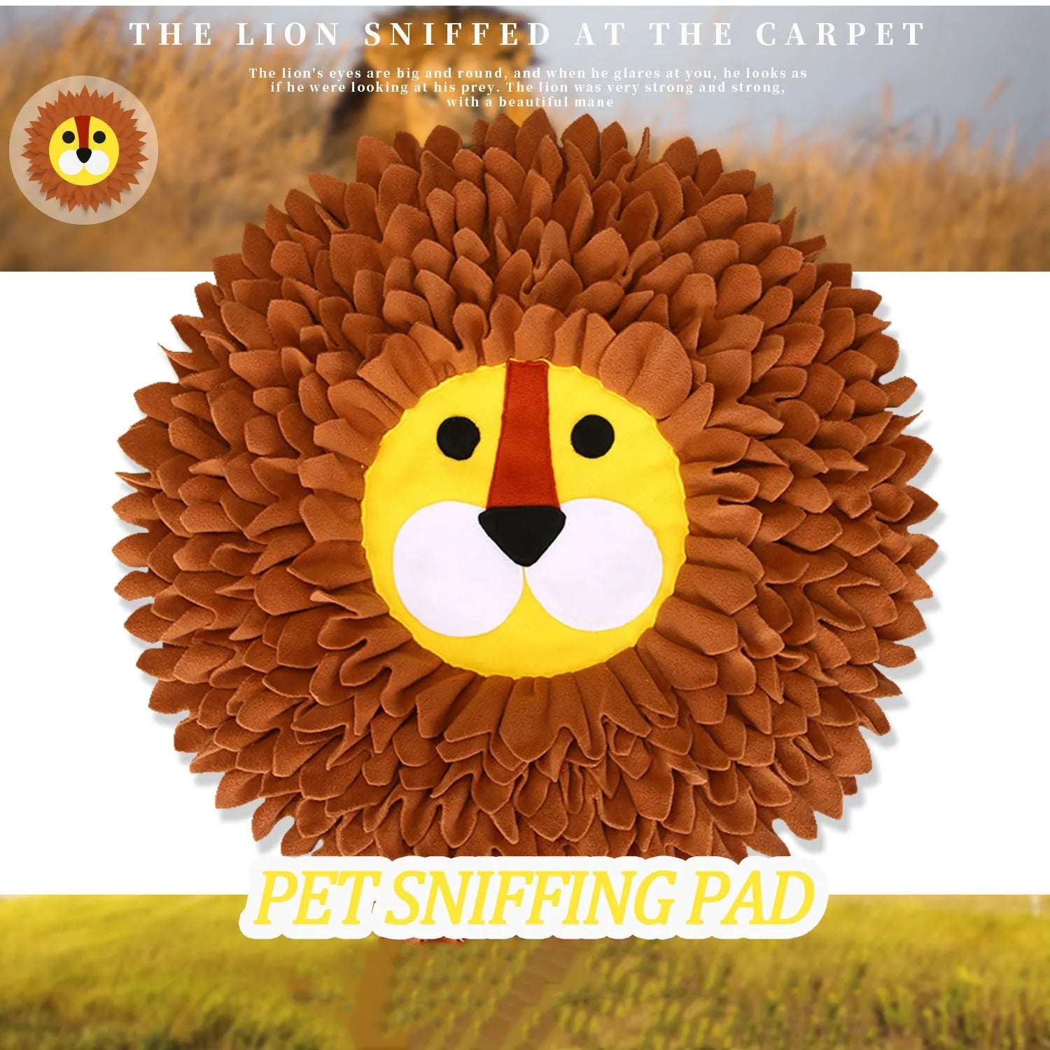 Brown lion sniffing pad measuring 33x25cm with 10cm depth for hiding pet treats