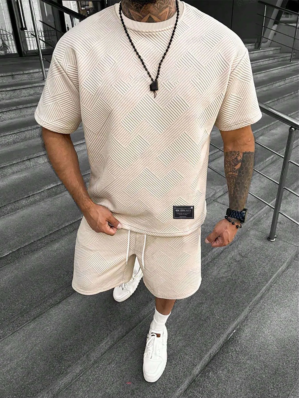 Men's short sleeve shorts matching set with 3D digital printed design on polyester fabric
