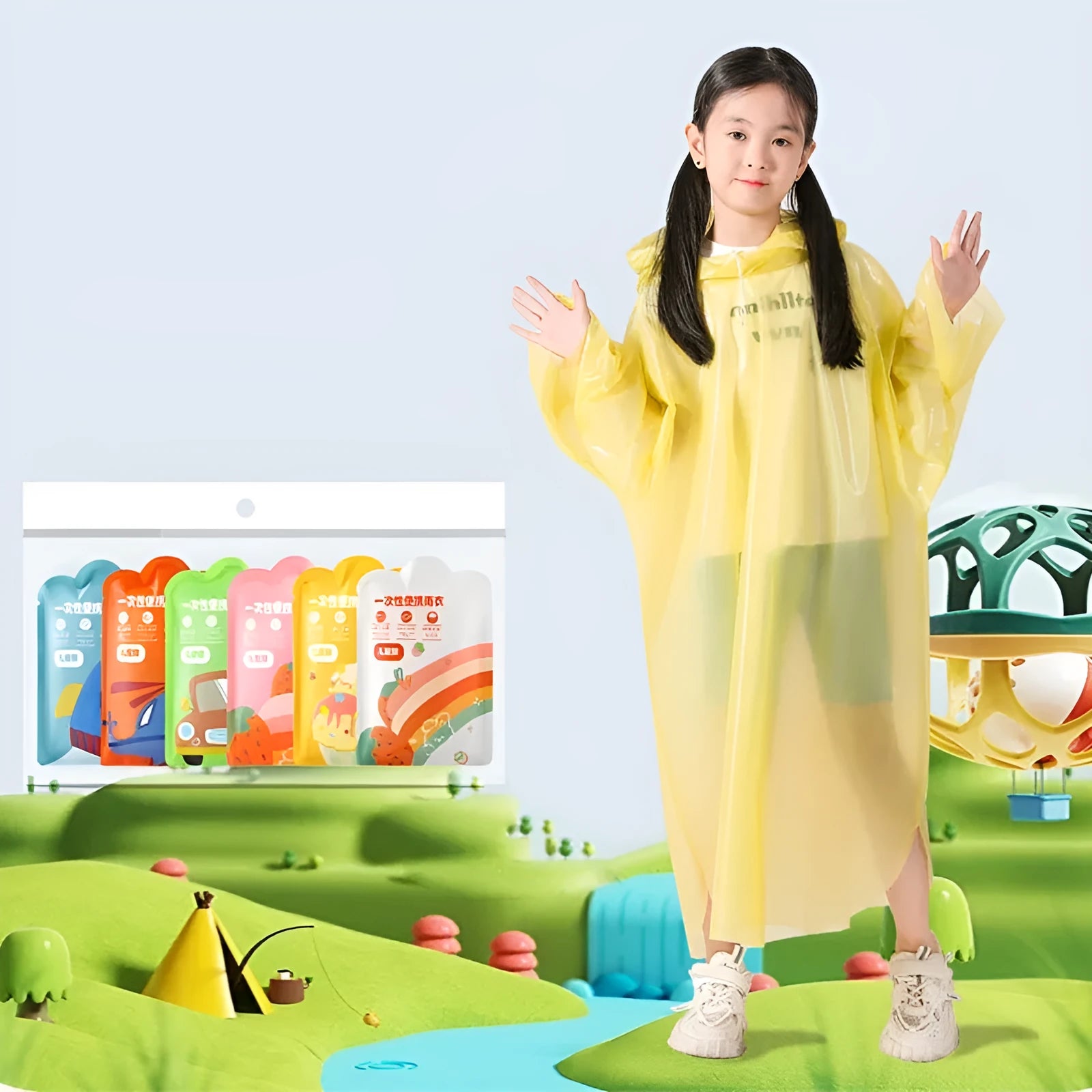 Pack of six disposable children's long rain ponchos in mixed colours, packaged at 13x9cm.