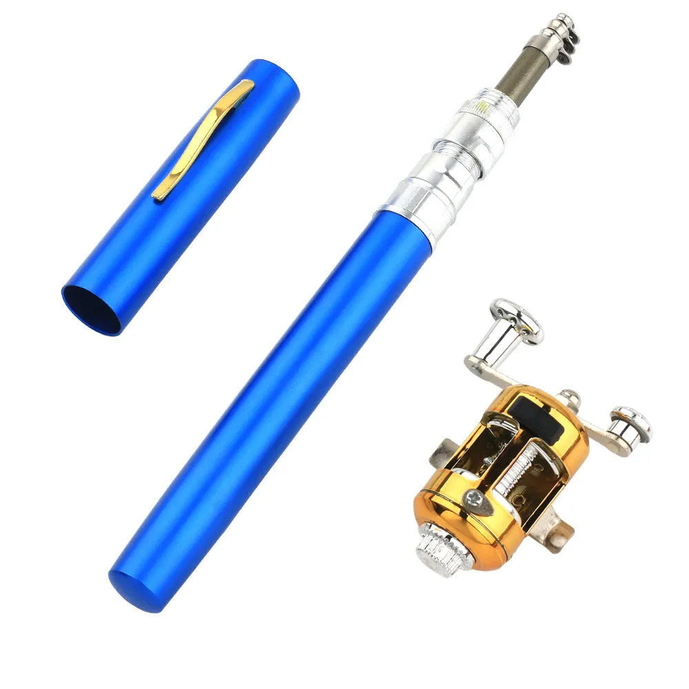 Telescopic fishing rod collapsed in aluminium alloy case beside extended 1m rod with drum attached