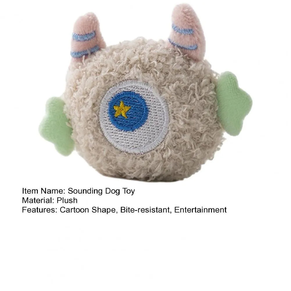 Cartoon-shaped plush dog toy with large eyes and squeaker in grey, green, pink, white or yellow