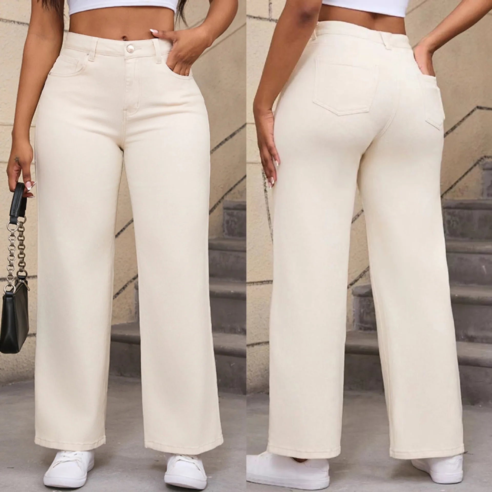 Women's high-waist straight jeans with wide leg design in apricot colour, showing 100% cotton fabric with high elasticity