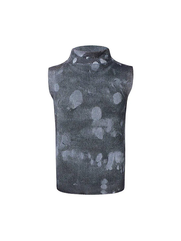 Men's black silver pastebrushing sleeveless stretch turtleneck t-shirt with stand collar