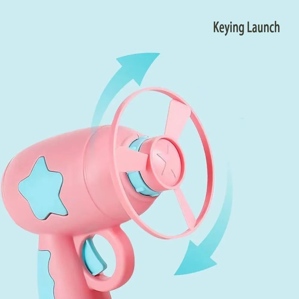Blue and pink plastic cat toy gun with frisbee measuring 11cm long 10.5cm wide 7.5cm high