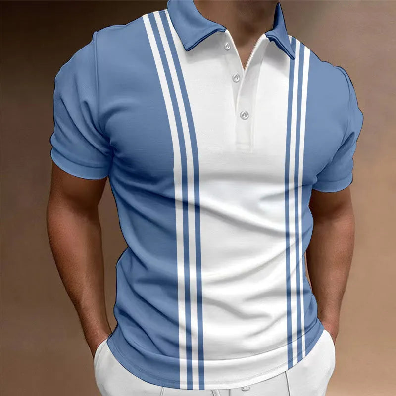Men's loose fit casual t-shirt with 3-button printing lapel design in polyester fabric
