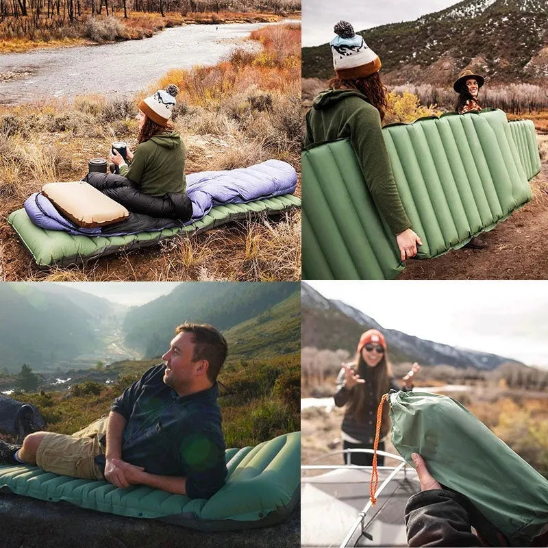 Portable inflatable camping mattress in grey, shown expanded to 195cm length with 10cm thickness.