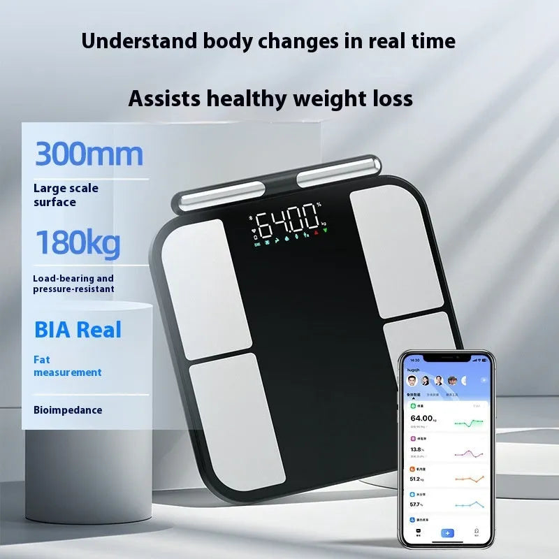 Black electronic weighing scale with 30x30cm tempered glass platform and 2-inch colour screen display