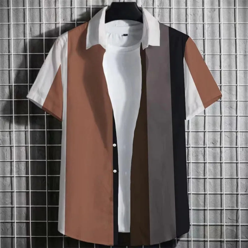 Men's linen short sleeve t-shirt with a simple striped 3D printed graphic on the front.