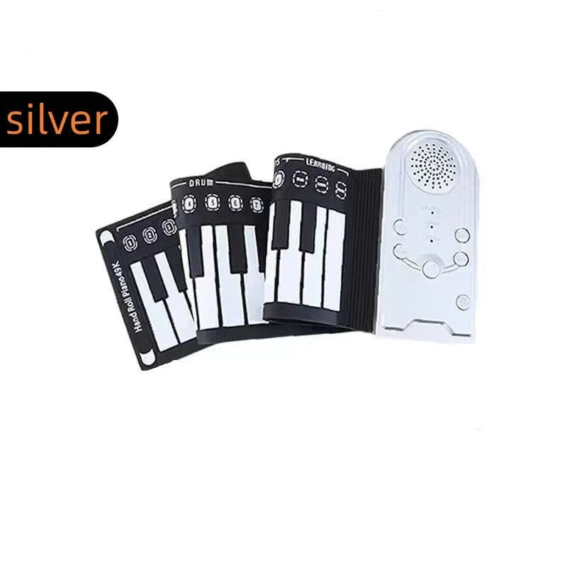 Folding electronic keyboard showing 49 silicone keys, folded to 28cm length with pearl white finish