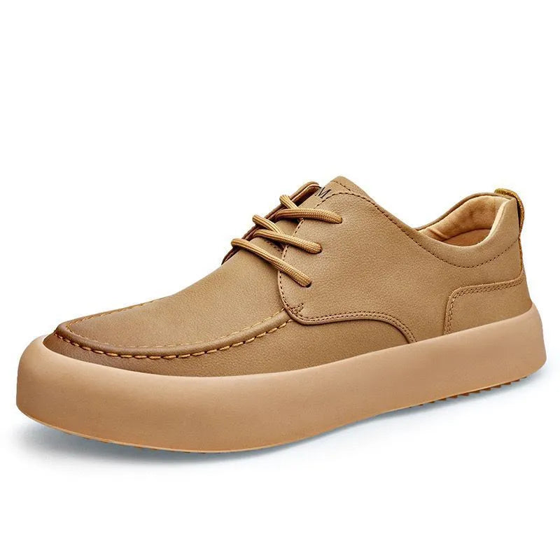 Men's brown casual lace-up shoes with round toe and flat heel on a white background