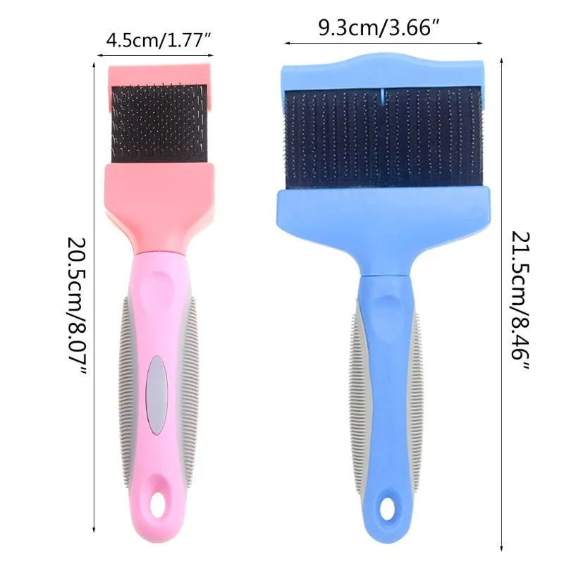Double-sided pet brush with stainless steel pins and blue ergonomic handle for grooming dogs and cats