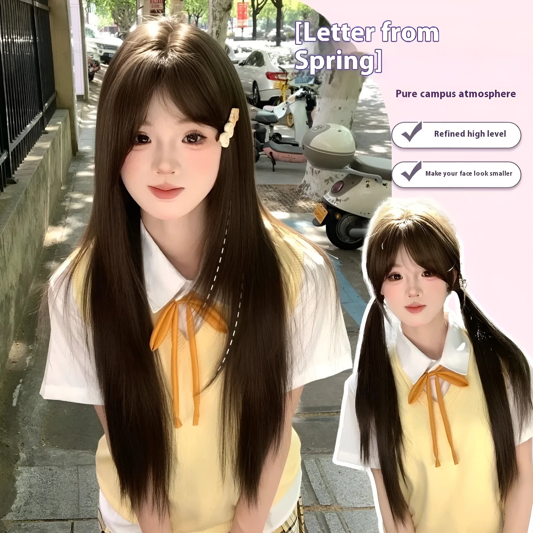 Long straight full-head wig in cold brown colour with high temperature fibre construction