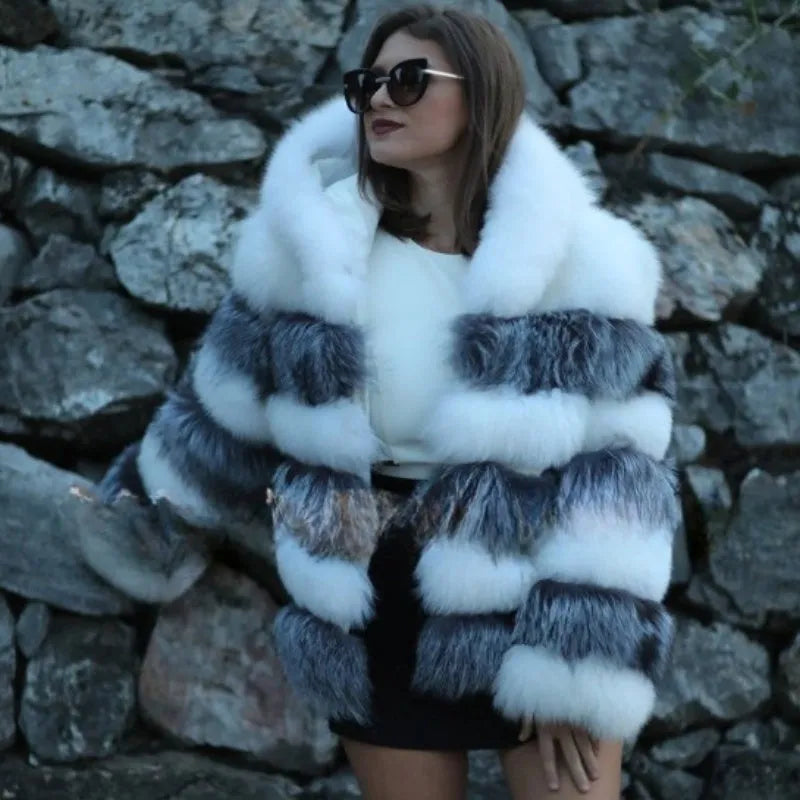 Women's artificial fur hooded coat in street fashion style, 65cm length, available in white silver fox and brown colours
