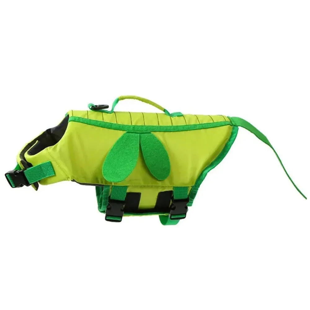 Green dog life vest with reflective strips and a D-ring handle on the back, shown fitted on a dog.