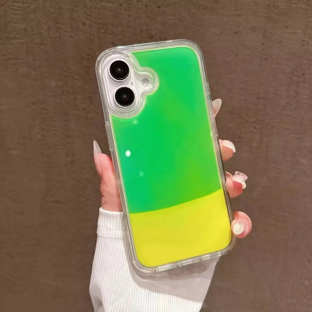 Glitter quicksand phone case for iPhone 12-16 Pro Max, hard PC TPU shell, shockproof, in black, blue, orange, yellow, rose, green.
