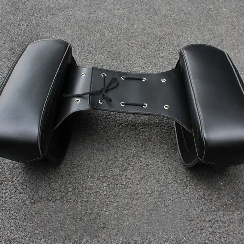 Motorcycle side box saddle bag in black PU leather with retro wind design showing 42cm width