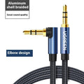 3.5mm aux audio cable with silver-plated connectors and black woven mesh outer cover, coiled and ready for use