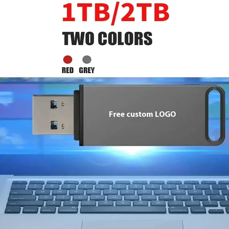 Black metal USB flash drive with custom graphic, showing 16TB capacity and compact size for portable storage