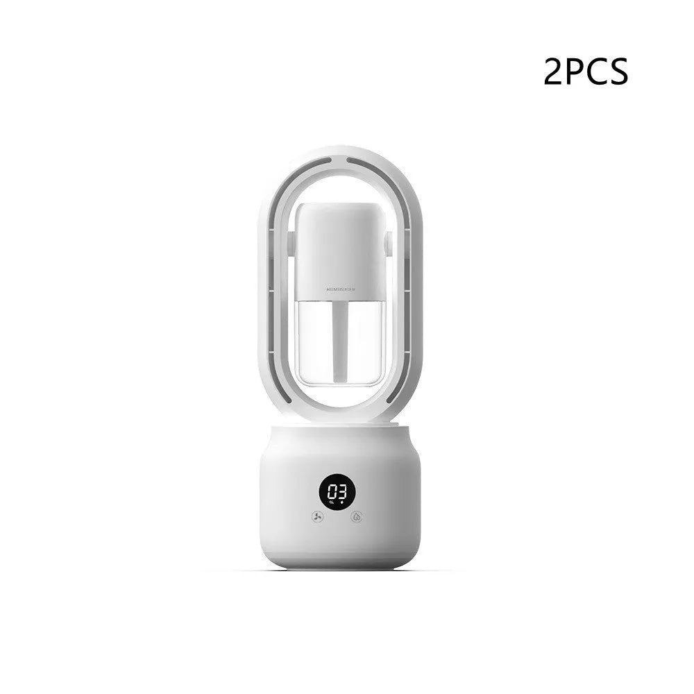 White bladeless USB rechargeable table fan with humidifier tank and control display
