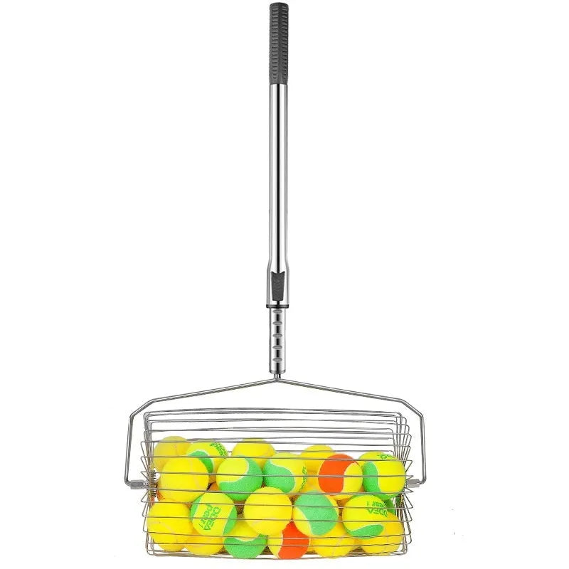 Stainless steel rolling tennis ball picker on a court, showing large adjustable frame.