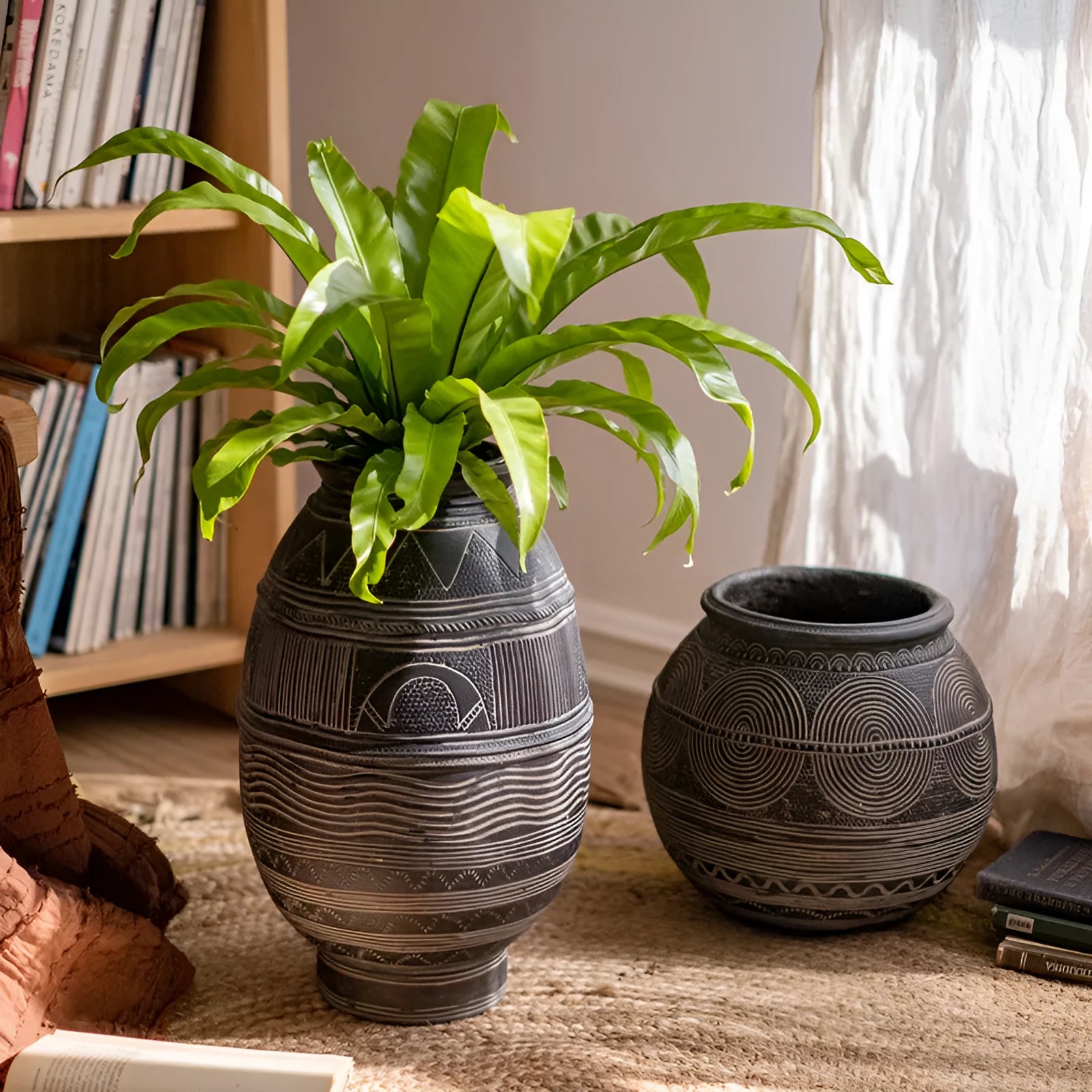 African ancient tank design cement flower pot in medium size with drainage holes