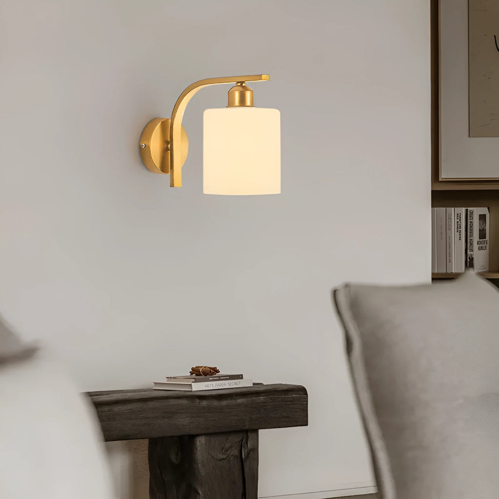 Glass wall lamp with modern simple design in copper colour for bedroom or hotel lighting