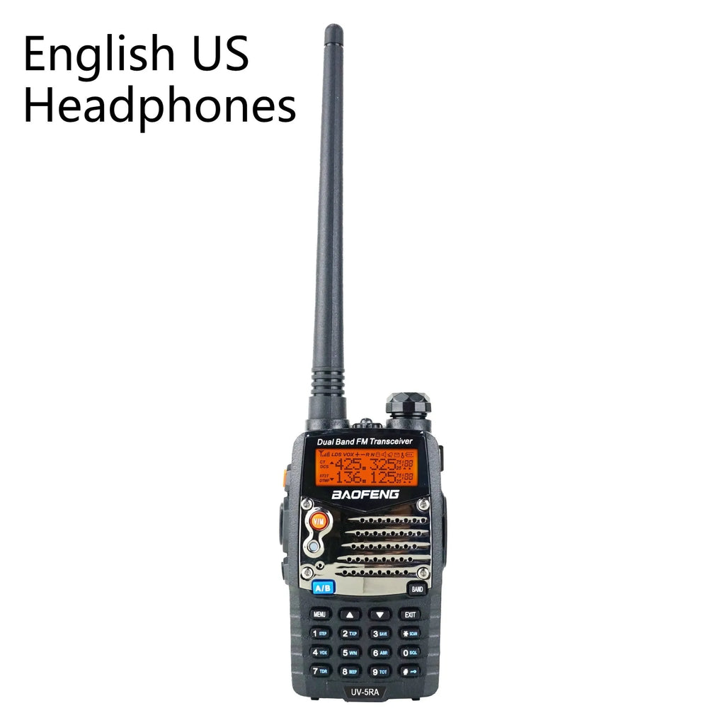 Baofeng UV-5RA dual-frequency radio with dual-display interface showing two active channels