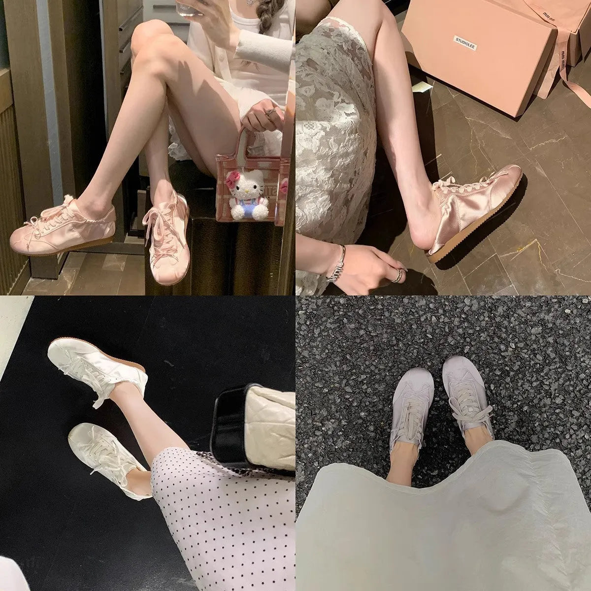 Women's silver grey satin ballet flat with front lace-up fastening and a round toe, shown on a white background.