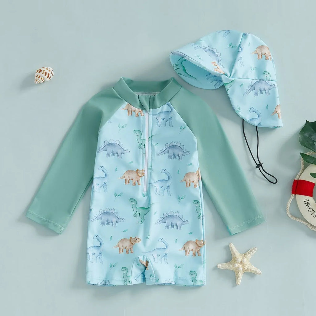 Children's one-piece swimsuit with long sleeves and hat in dinosaur light green or white and blue, sizes 70-110