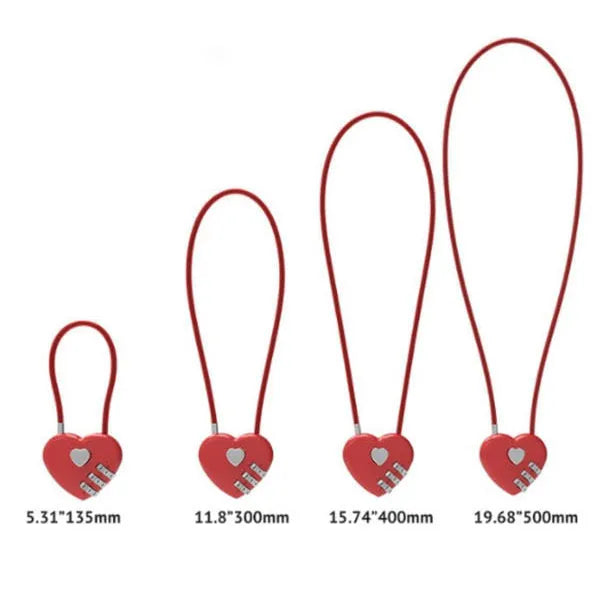 Peach heart design wire rope security lock in assorted colours with steel cable.