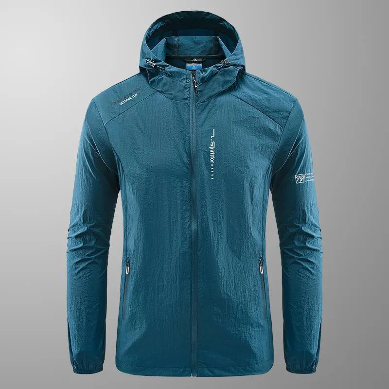 Men's hooded summer top in nylon fabric showing loose fit and sun protection design