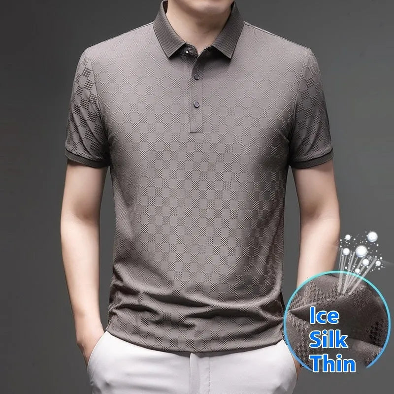 Rhombus thin ice silk short sleeve t-shirt in black, green, or brown with slit design and lightweight fabric