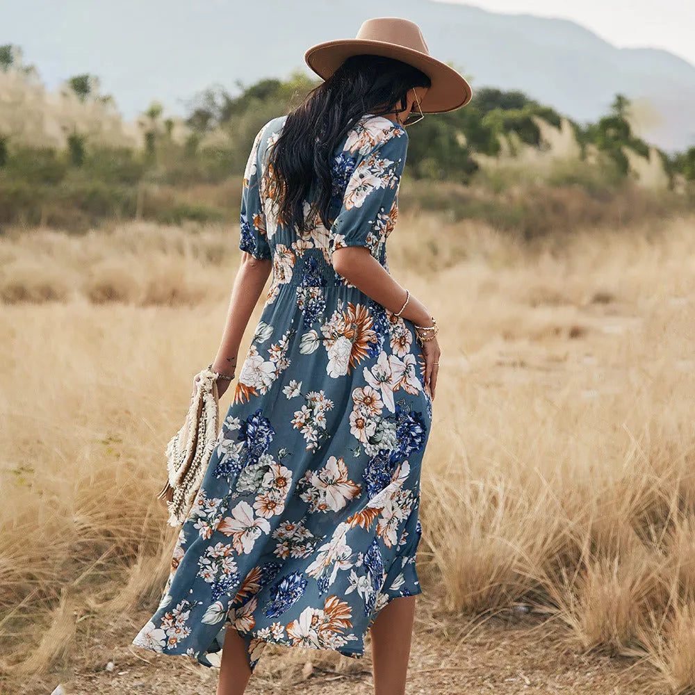 Women's floral print summer dress with V-neck, short sleeves, elastic high waist, and large hemline midi skirt