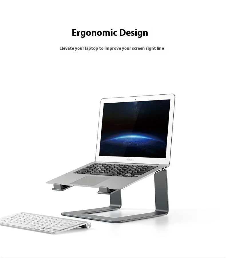 Aluminium alloy laptop stand in black or silver on a desk, showing its raised platform design.