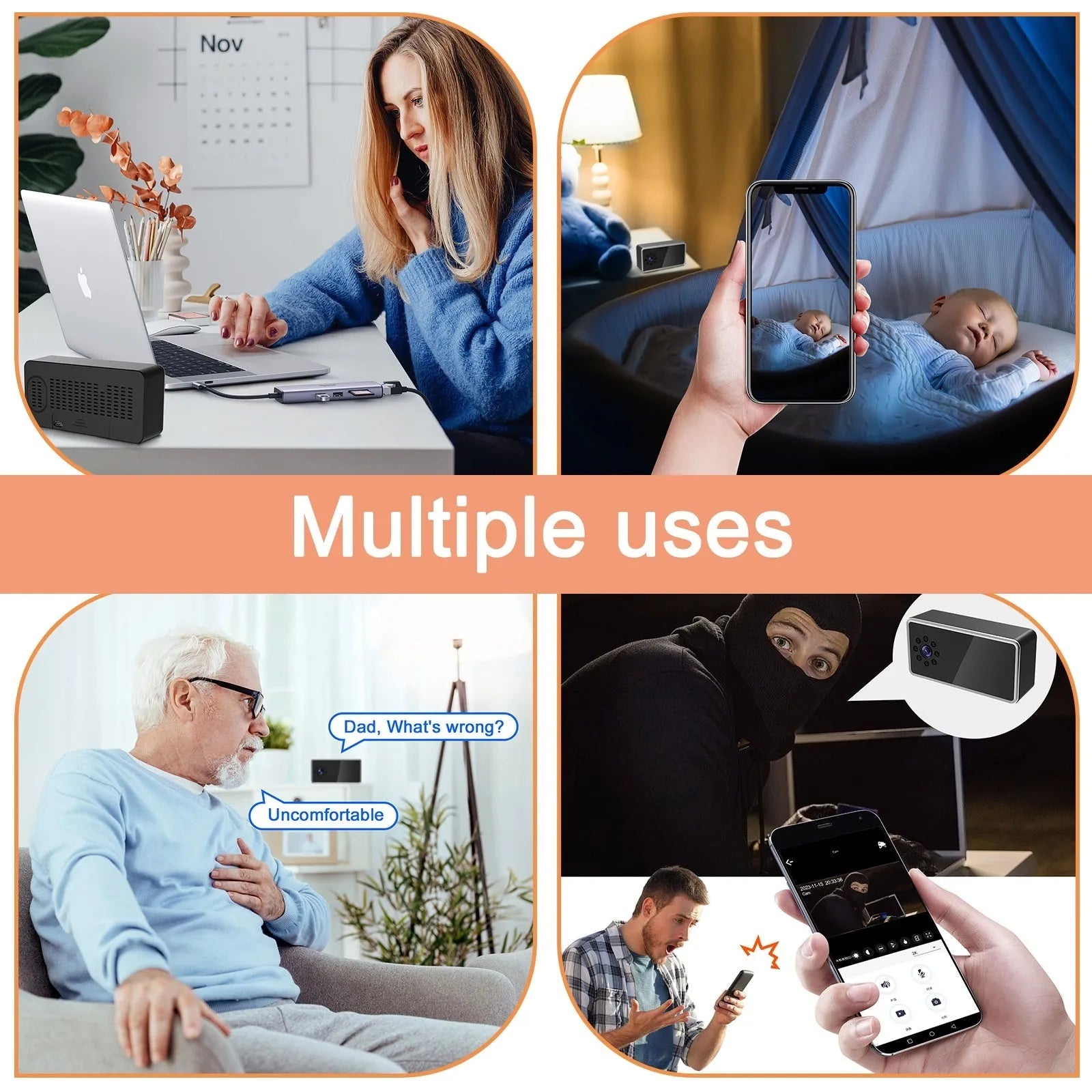 Wireless HD surveillance camera measuring 11.8cm with night vision and alarm detection functions