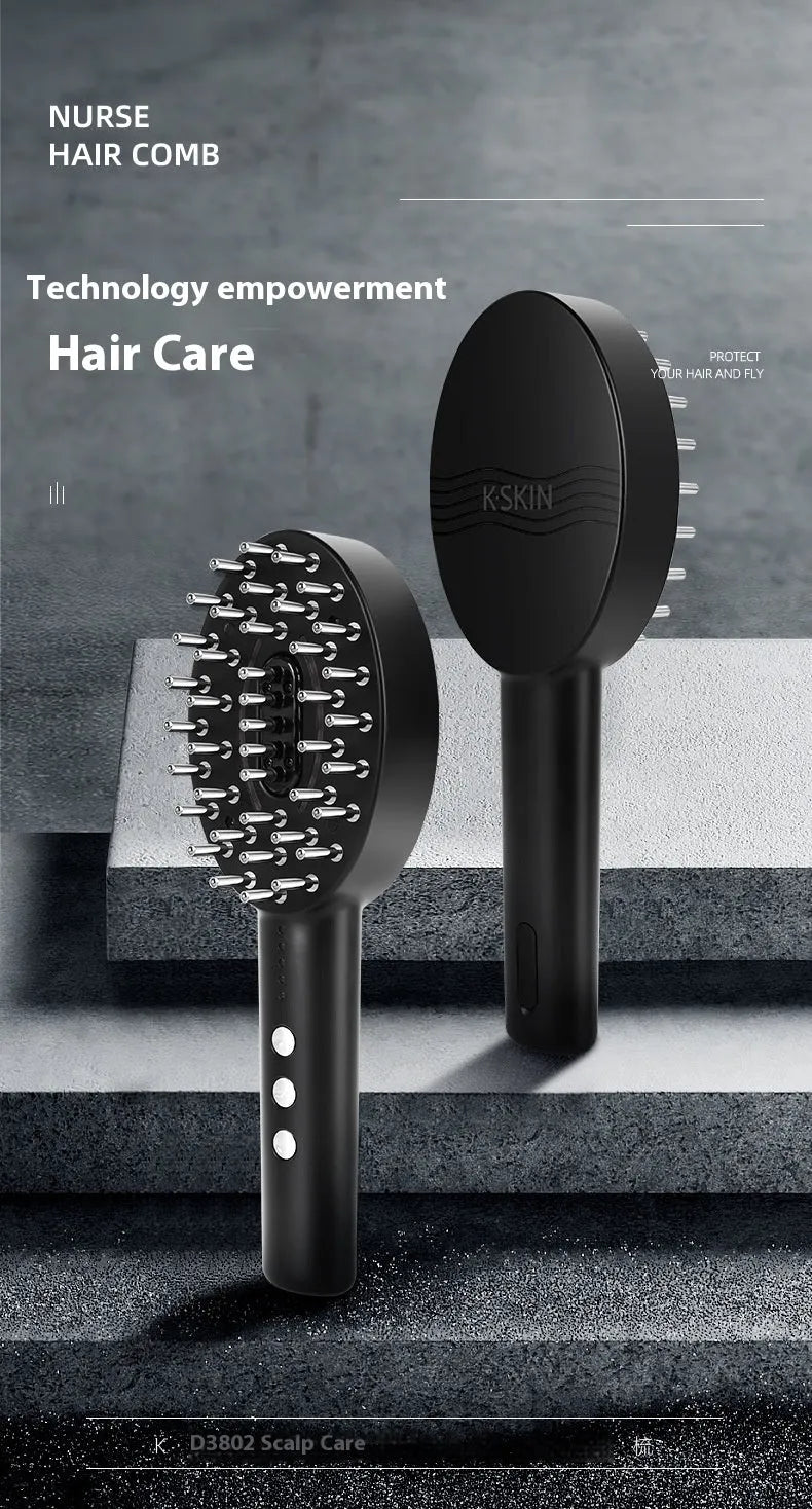 Black handheld scalp massage device with silicone nodes, showing ergonomic grip and control buttons