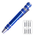 Aluminium alloy pen screwdriver set with eight interchangeable bits and 107mm chrome vanadium steel cutter bars