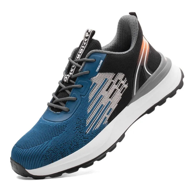 Blue men's safety work shoes with mesh upper, plastic toe cap, and lace closure on a grey background.